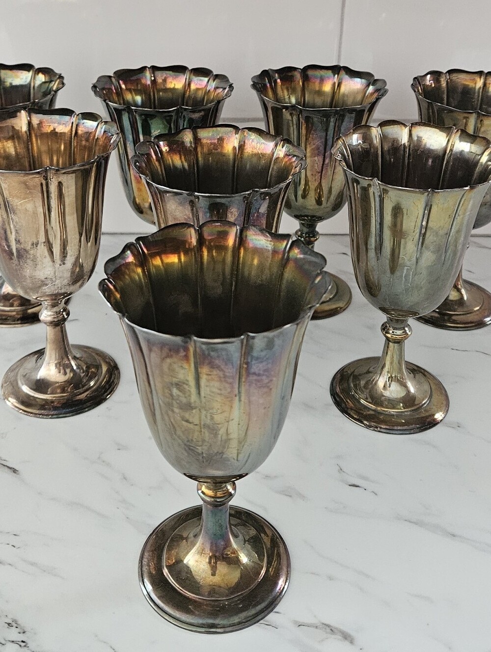 Vgt.(1920-40) 8 Lawrence EB Smith Co. fluted Wine Goblets. Silverplated.
